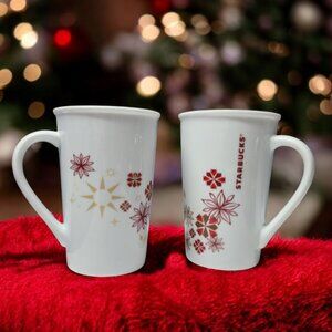 Starbucks Mug Set‎ Cocoa Coffee Red White Holiday Christmas 12 Ounces Poinsettia